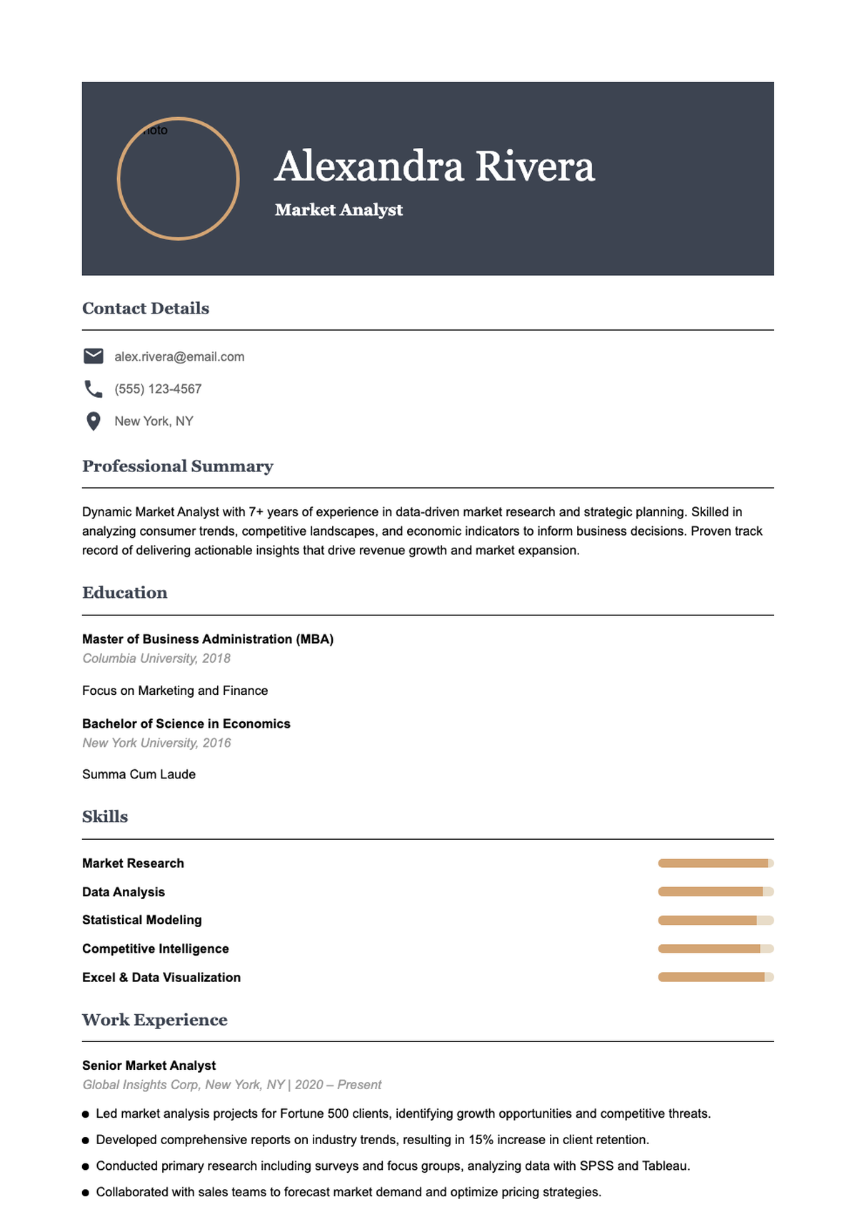 Modern market analyst resume with photo and skills sidebar_variant_2